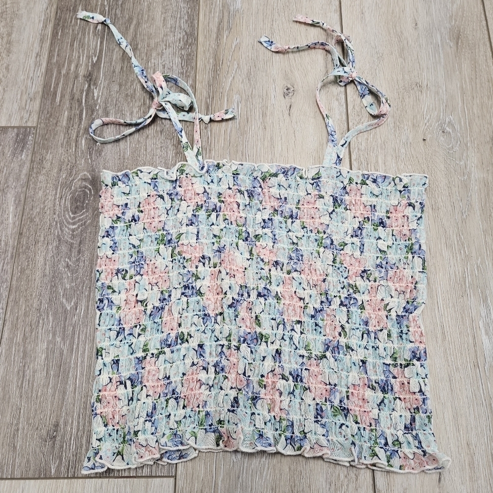 JC Penney Fashions Vintage Smocked Sheer Tank Top Floral Tie Women's Medium